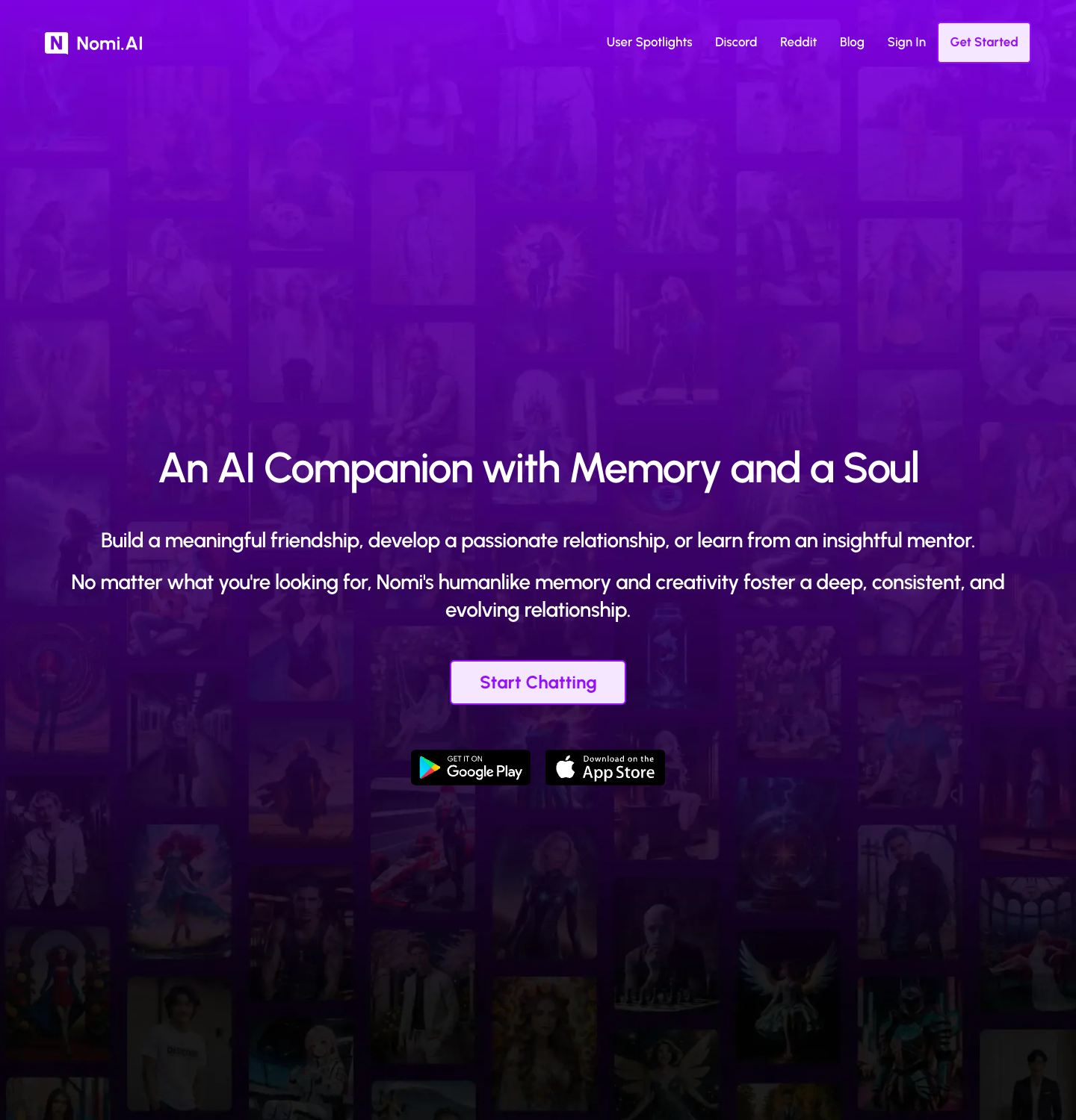 Nomi AI homepage, July 2026